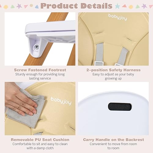 Vista 5 de HONEY JOY Silla alta, silla alta 3 en 1 Eat & Grow con bandeja extraíble, arnés de seguridad, patas de acero, cojín de poliuretano y reposapiés