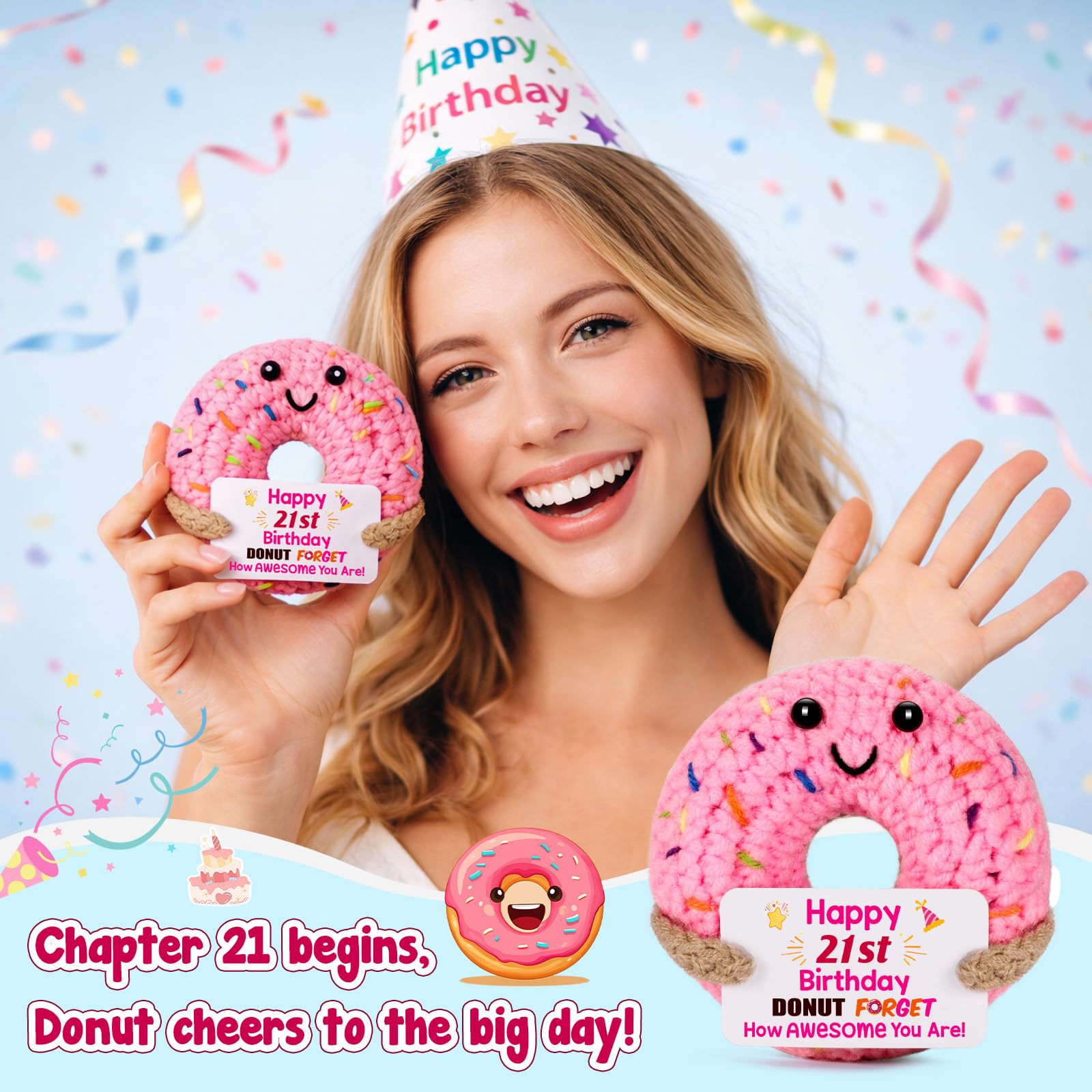 BuiltFit 21st Birthday Gifts for Her - Gifts for 21 Year Old Him Women Female Male, Cute Crochet Donut 21th Bday Party Favors Decorations Present for College Students Son Daughter Friends - 2