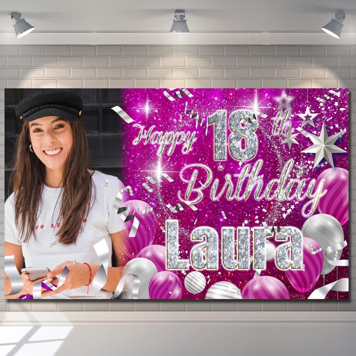 Personalised Happy Birthday Banner Backdrop Photo Blue Pink Silver Customised Celebration Poster Fabric boy girl woman man Party Decorations