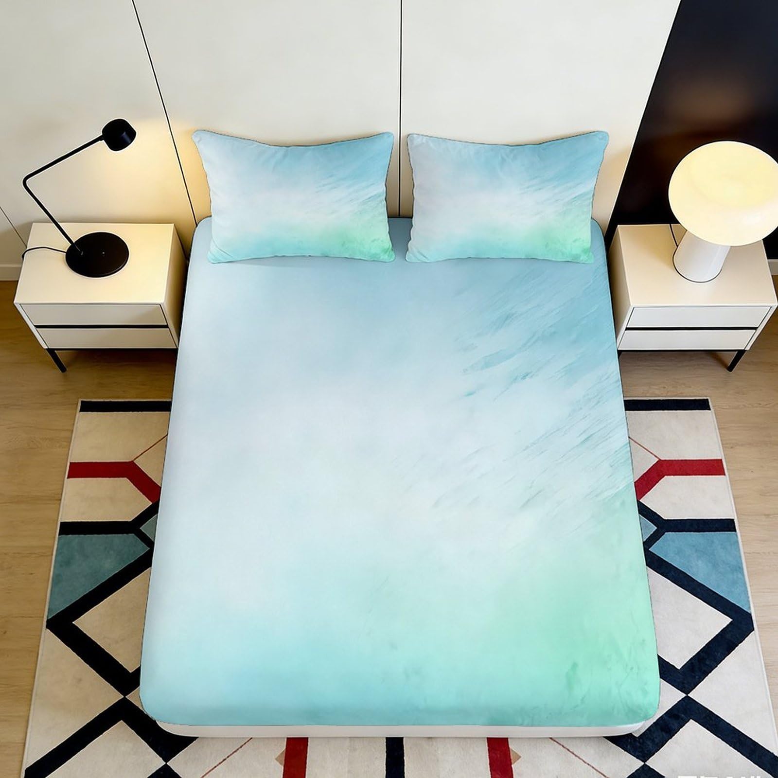 3D Printed Light Blue Gradient Fitted Sheet Microfiber Soft Breathable Pastel Bed Cover for Bedroom Dormitory Guest Room Mattress Protection Decor 120x200x25cm
