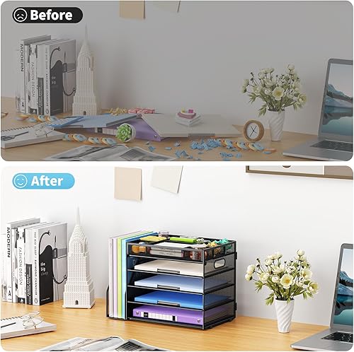 Miniatura 5 de Marbrasse Organizador de escritorio de 5 niveles con soporte para archivos, organizador de bandejas de papel para cartas, organizador de archivos de