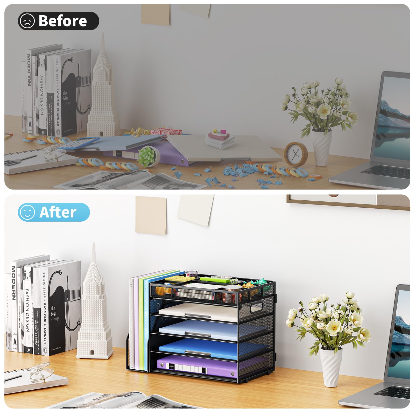 Marbrasse Organizer da scrivania a 5 livelli con porta documenti, organizer per vassoio per lettere, organizer da scrivania con scomparti regolabili, organizer da scrivania in rete e accessori per