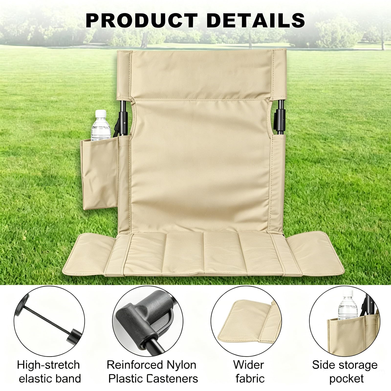 FARYODI Silla plegable de playa con cojín y respaldo, 40 x 39 cm, silla de camping portátil, silla de playa, silla de suelo, cojín tribünenkissen, para picnic, jardín, senderismo (caqui)
