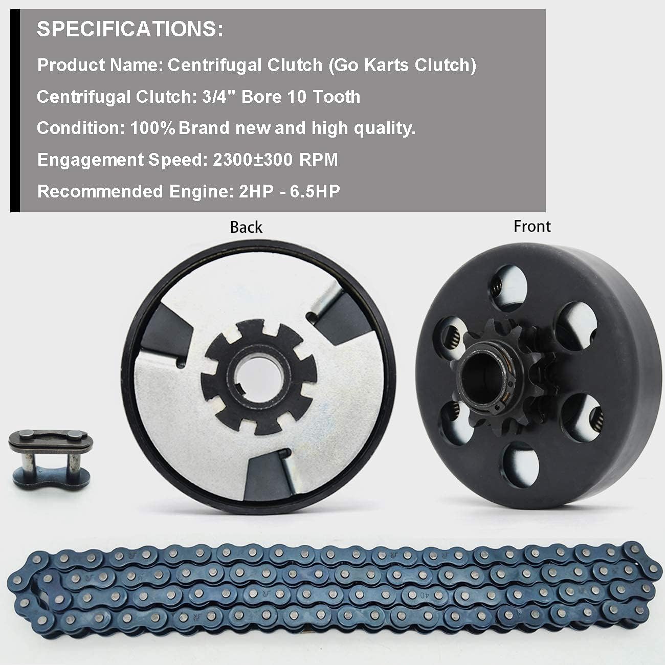 Centrifugal Clutch 3/4" Bore 10 Tooth for #40/41/420 Chain, Go Kart Clutch Replacement for Predator 212 Honda GX160 GX200 2-6.5HP Engine Mini Bike Lawnmower (Chain Included)