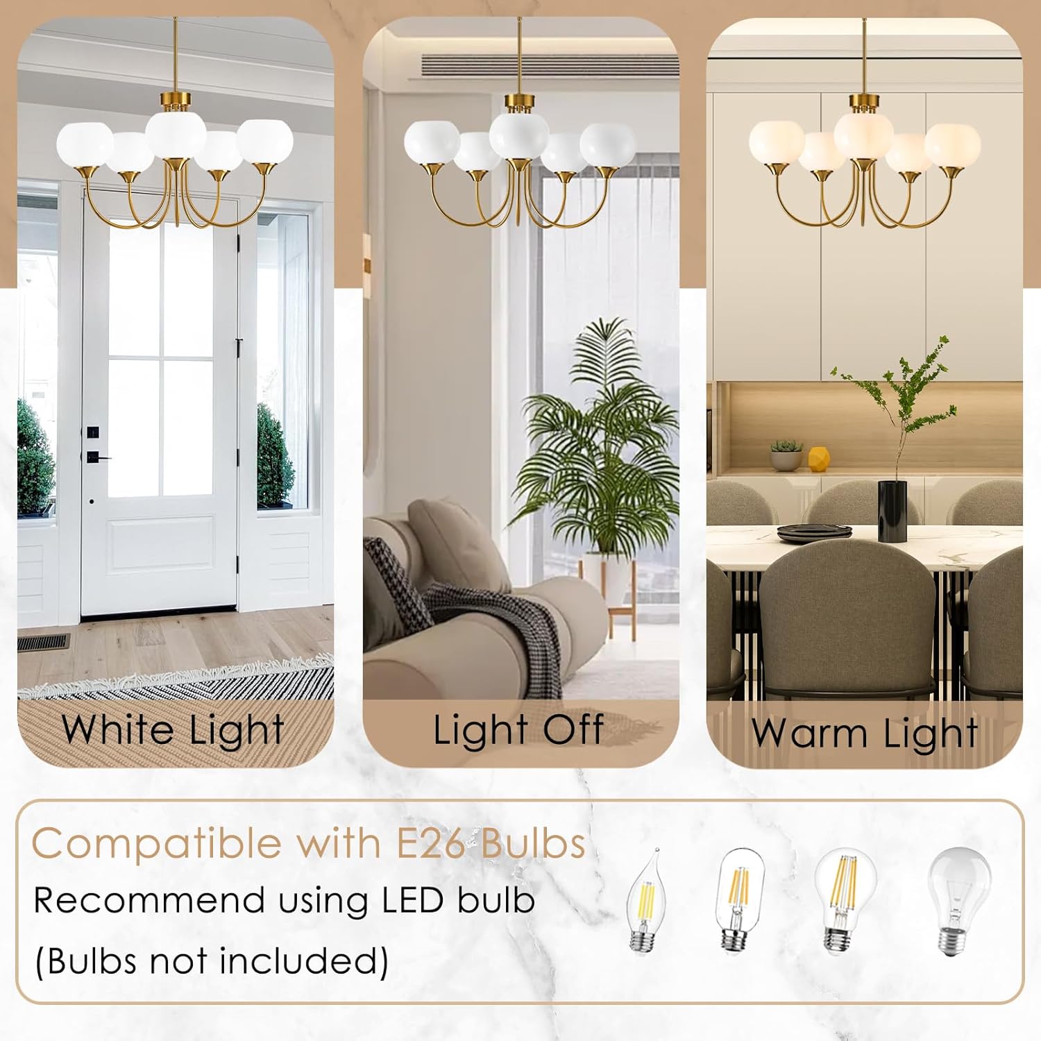 Modern Globe Chandelier 5 Light Mid Century White Milk Glass Vintage Sputnik Hanging Chandeliers Gold Pendant Light Fixtures for Dining Room Kitchen Living Room Bedroom