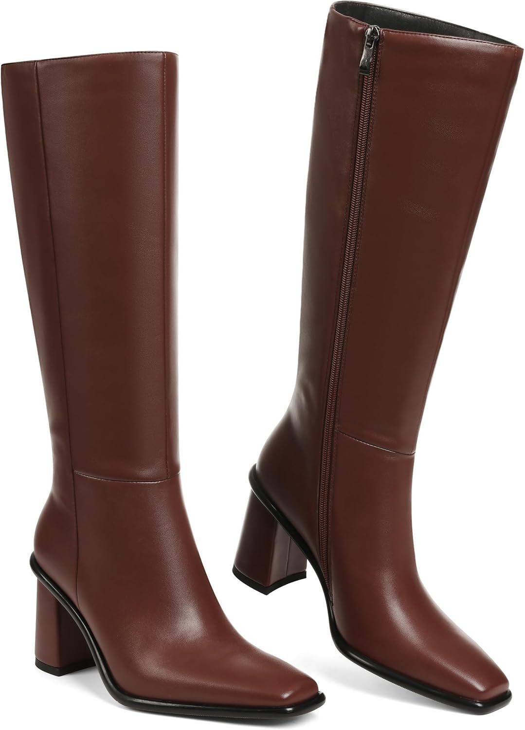 Knee High Boots Women Wide Calf Boots for Women Tall Boot Leather Long Square Toe Chunky Heel with Side Zipper