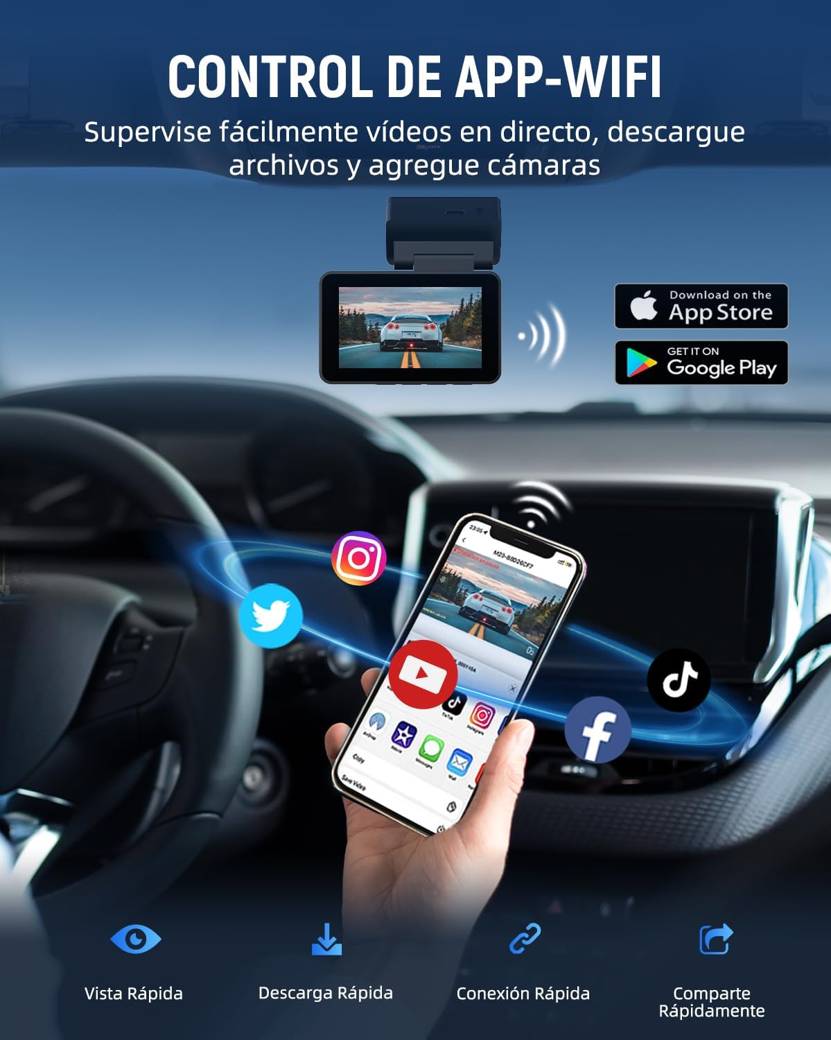 VISAUTO C20 Dashcam's WiFi connectivity for app control, live viewing, and video download.