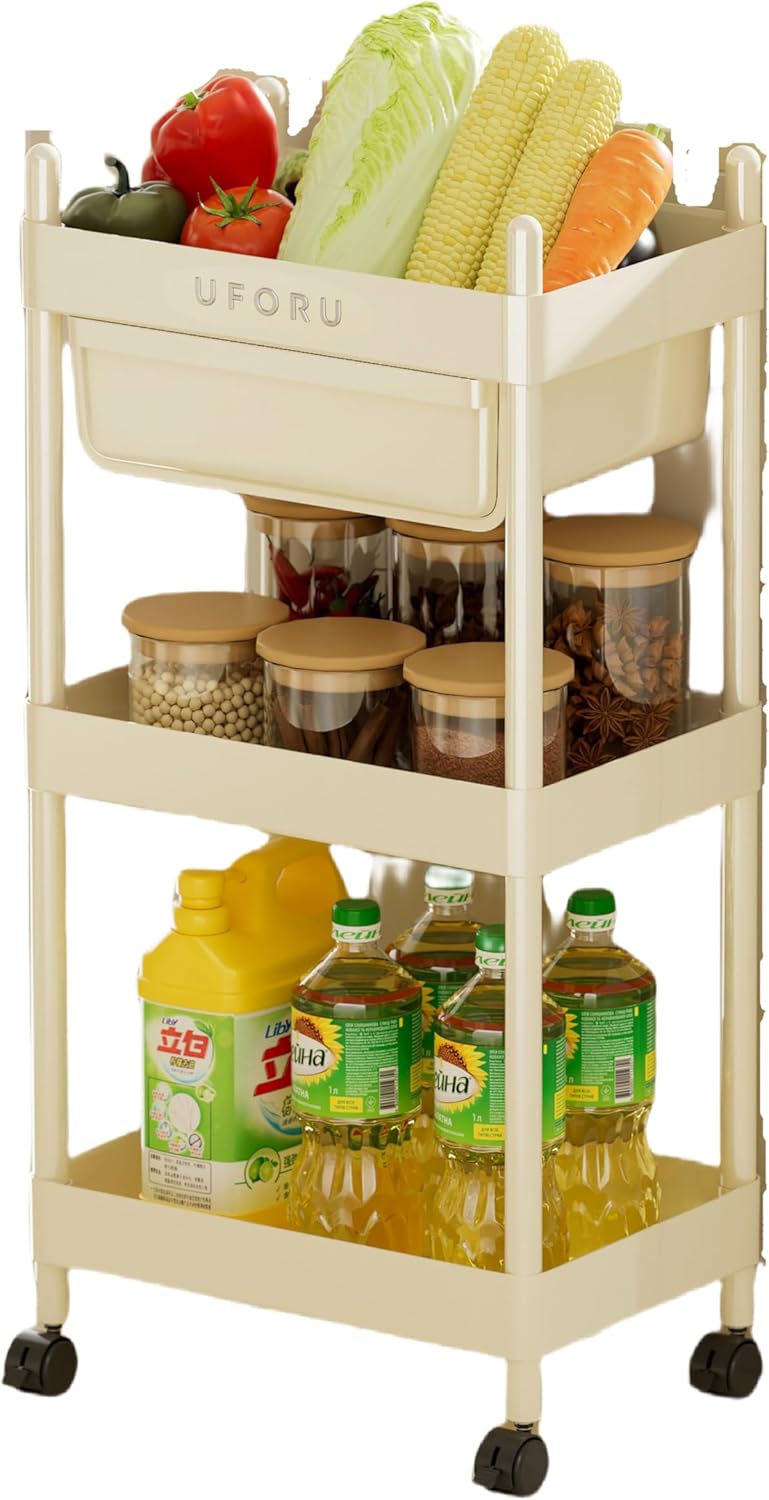 3 Tier Mobile Storage and Organization Cart, Multi-Functional Mobile Storage Cart with One Drawer, Plastic Shelves and Wheels for Living Room, Bedroom, Kitchen and Office (Cream Color)