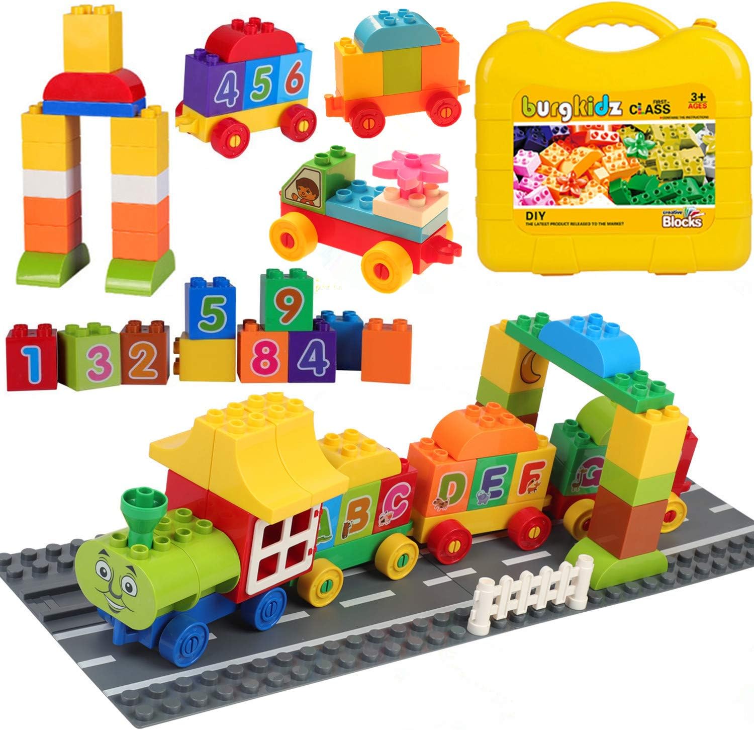 Trains 3-in-1 Building Set Building Kit, The First Number Train with Suitcase Toys to Ignite Your Child's Creativity, 62 Pieces ABC Learning Train Preschool Toy for Kids Toddler Boys and Girls Aged 3+