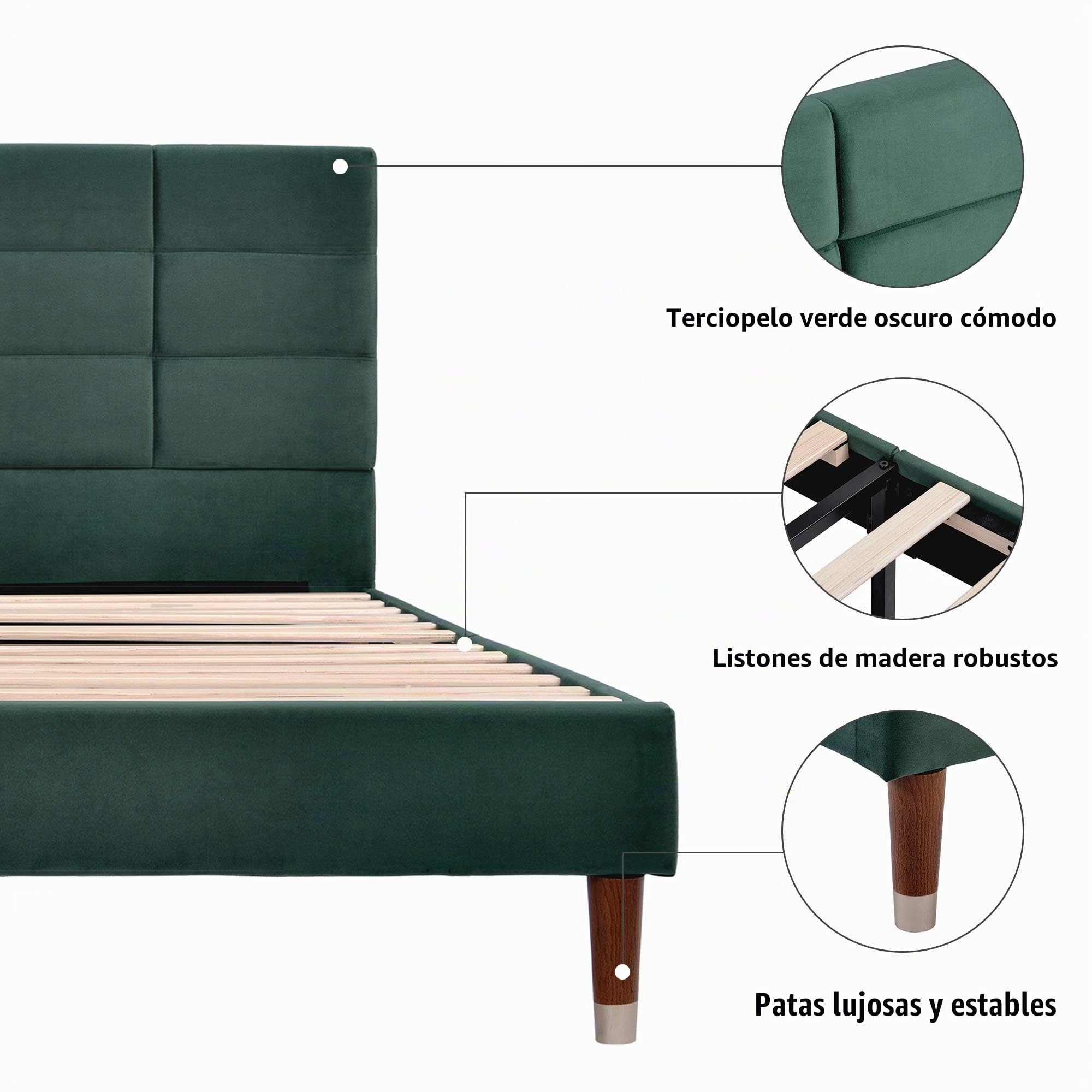 Merax Cama tapizada de 140 x 200 cm, Cama Doble con somier y Espacio de Almacenamiento Debajo de la Cama, Estructura de Cama Acolchada con cabecero, Terciopelo Verde Oscuro, para Adultos y jóvenes
