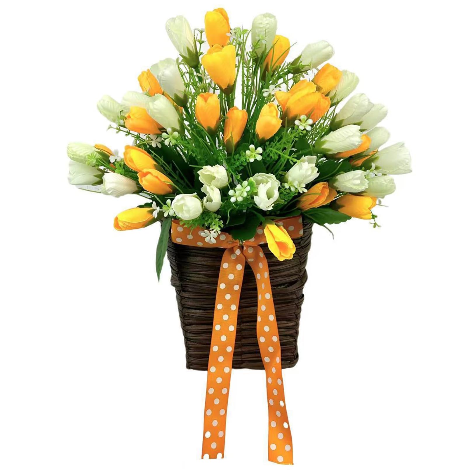 Ameble Orange+White Orange & White Artificial Tulips Basket Wreath For Front Door, Woven Basket Hanging Decor, Easy To Hang Spring Summer Door Wreath, Farmhouse Style