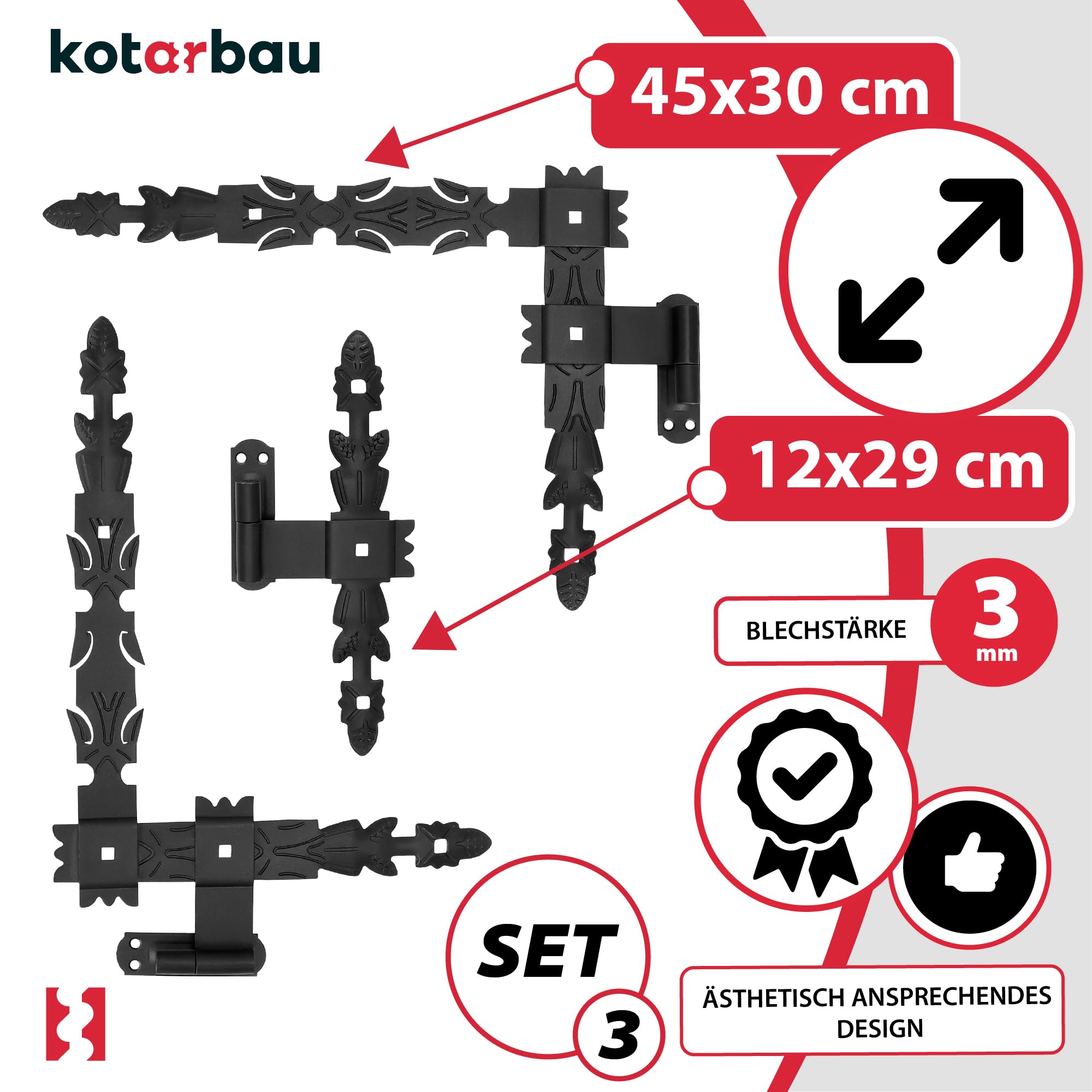 KOTARBAU® Nastro angolare forgiato, 400 x 300 x 40 mm, nero, in acciaio verniciato a polvere, con ganci, per porte in legno, gancio a croce, nero, porta in legno, nero