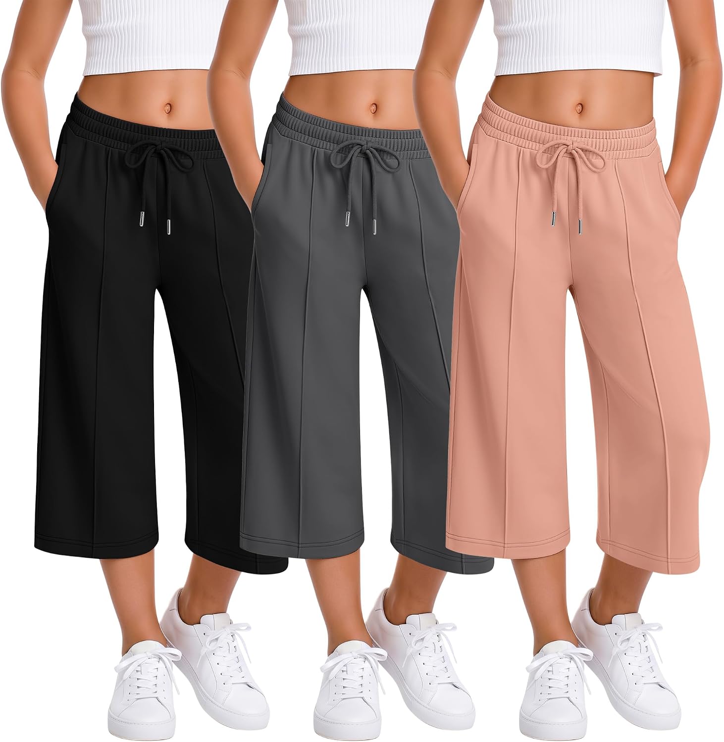 3 Pack Girls Capri Pants Wide Leg Elastic Waist Drawstring Capris with Side Pockets Casual Trousers 5-14 Years