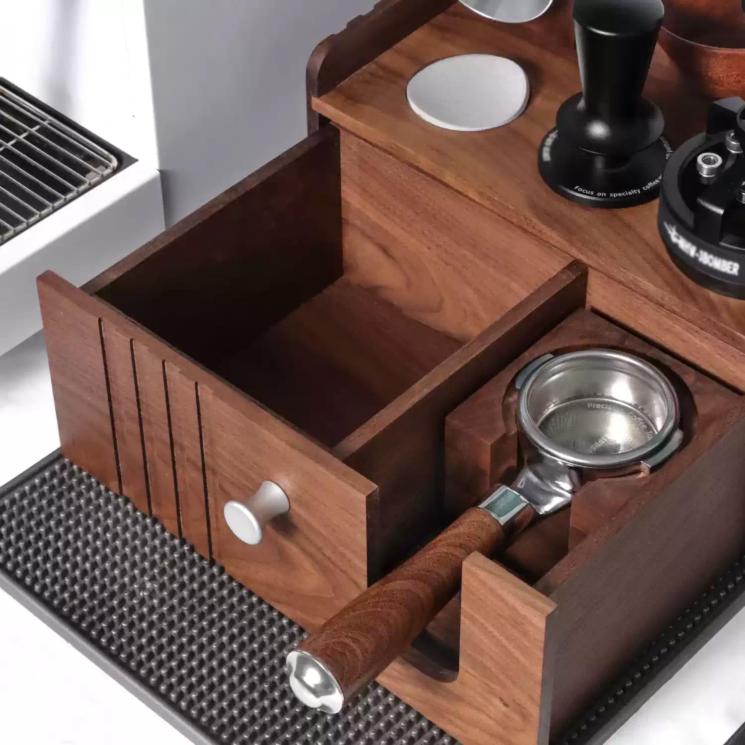 Uchwyt na drewniany uchwyt na filtr do kawy espresso, stacja tłoczenia kawy espresso 58 mm, z pudełkiem na odpady ze stali nierdzewnej, drewno orzechowe, dystrybutor do przechowywania, ac