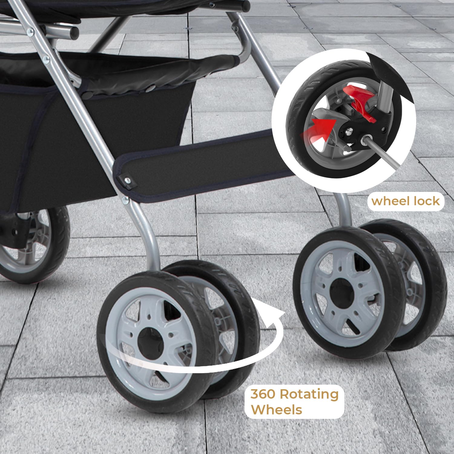 4 Wheels Dog Stroller for Medium & Small Dogs, Cat Stroller with Liner, Storage Basket & Cup Holder, Travel Folding Carrier with Sun Shade - Black