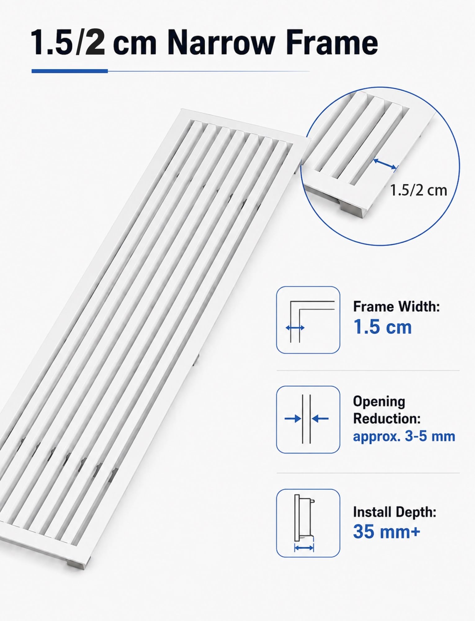 Griglia di ventilazione lineare AC, registro con cornice stretta in ABS 2 cm(Milk,900x150 mm)