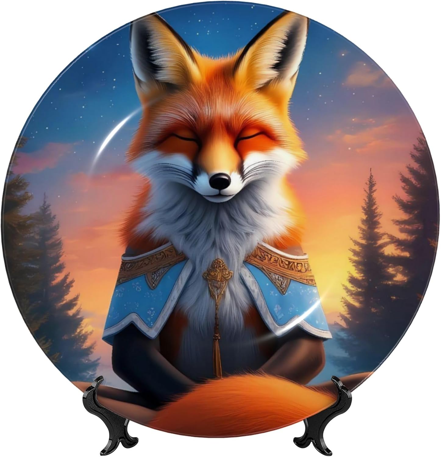 Decorative Plate Ceramic Plate for Wall Hanging 10in Accent Plate for Office Living Room Hallway Table Decor - Starry Sky Meditating Fox