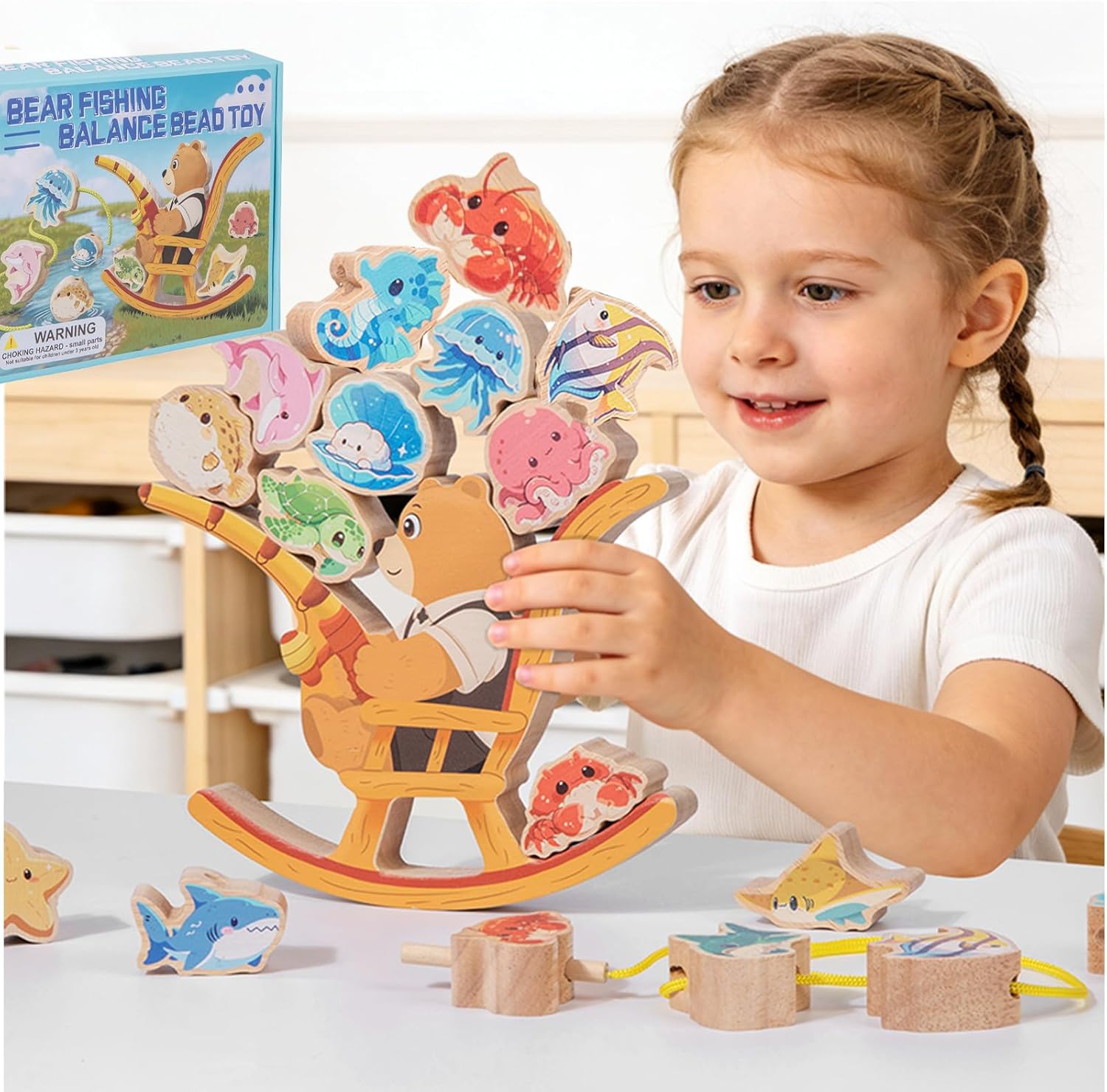 Wooden bear fishing Toy,Balance Stacking&Lacing for Toddlers 3+&Kids 4-5-6