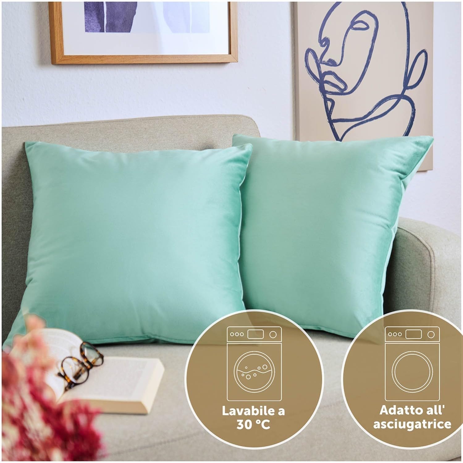 Blumtal Set di 2 Federe Cuscini Divano 50x50 cm in Velluto, con Chiusura Lampo Invisibile, Eleganti Copricuscini Divano in Morbido Velluto,Taglia 50 x 50, Verde Chiaro