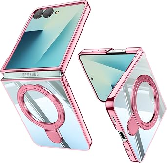 Compatible with Galaxy Z Flip 7 Case with O-Ring Stand Clear Case, Compatible with Magnetic Car Phone Mount [Wireless Charging] Slim Fit Anti-Scratch Cover for Galaxy Z Flip 7, Pink13-36
