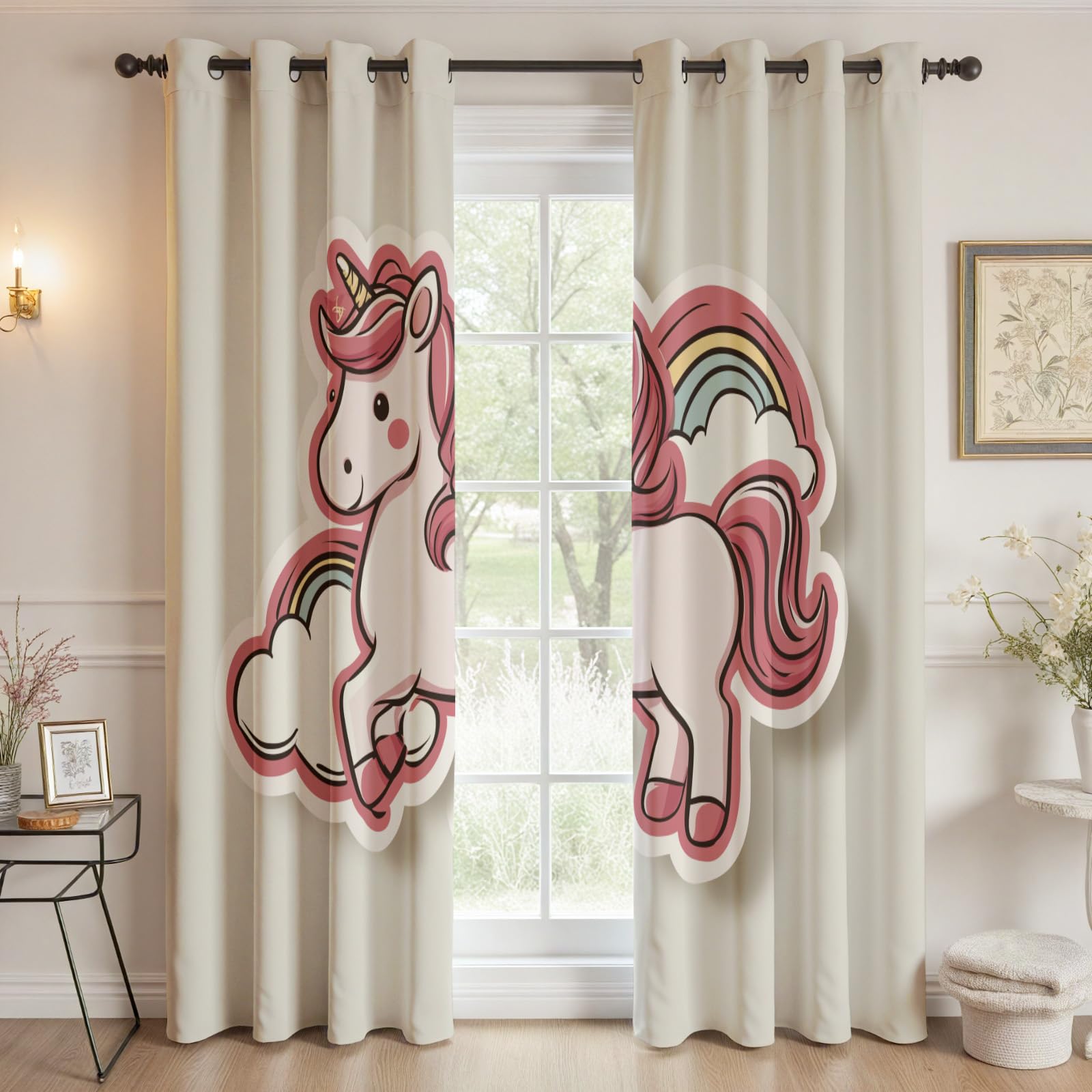 Rideaux Occultant Mignon Licorne Lot De 2 117x183 cm, Rideau Thermique Anti Froid Dessin Animé Rideau Opaque Cheval Enfant À Oeillets Occultant Draperies pour Chambre Salon Bureau