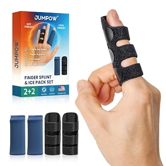 JUMPOW Trigger Finger Splint and Ice Pack 2+2 Set for Pain Relief, Thumb Splint & finger sleeves for Injuries Cold Pain Relief Injuries, Arthritis, Sprains, Reusable Index, Middle, Ring Finger Brace