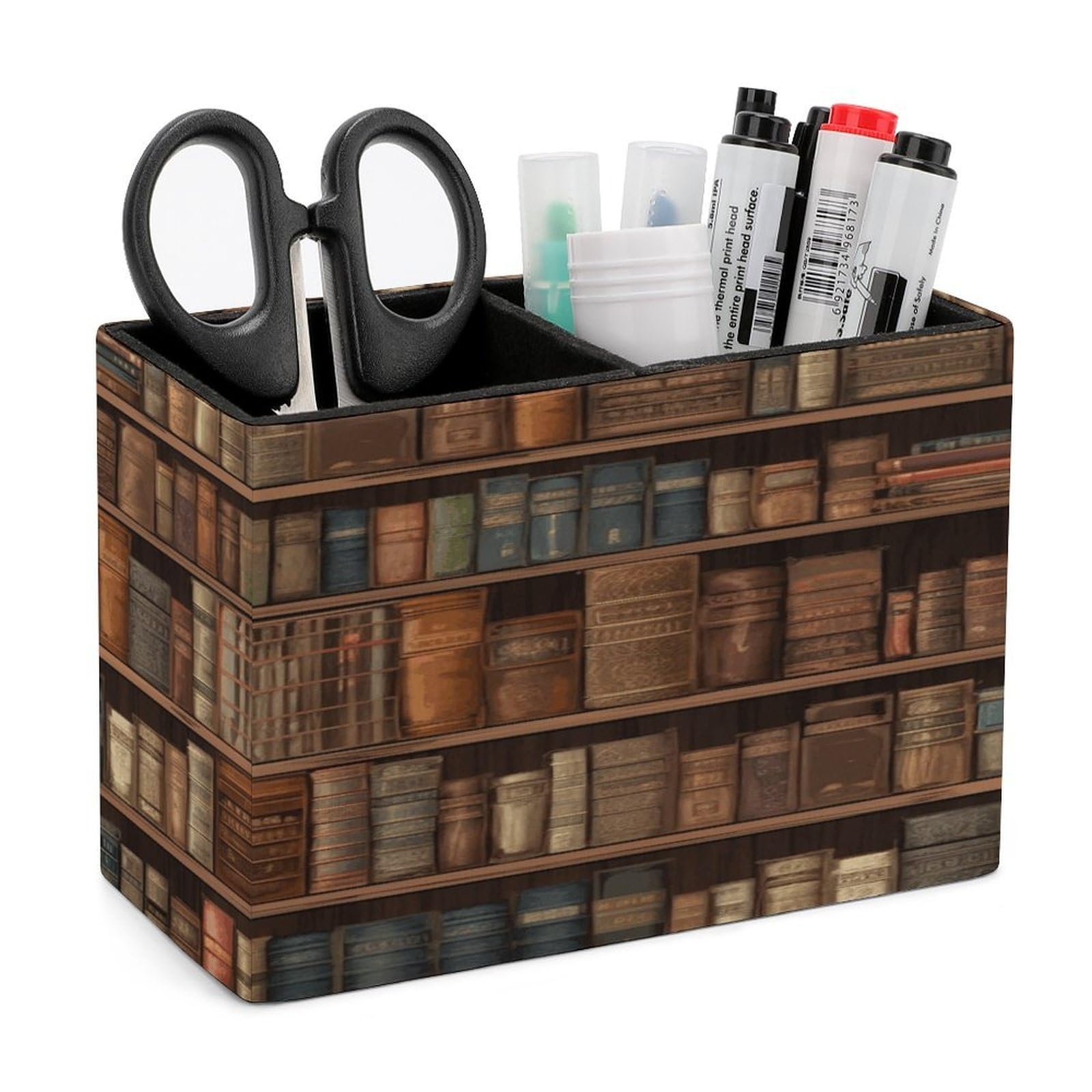 VstaDank Library Bookshelf Book Pencil Holder for Desk Organizer 2 Compartments Pen Cup Leather Square Pen Holder Pencil Cup Stand Makeup Brush Holders for Desktop Organizer Storage Case