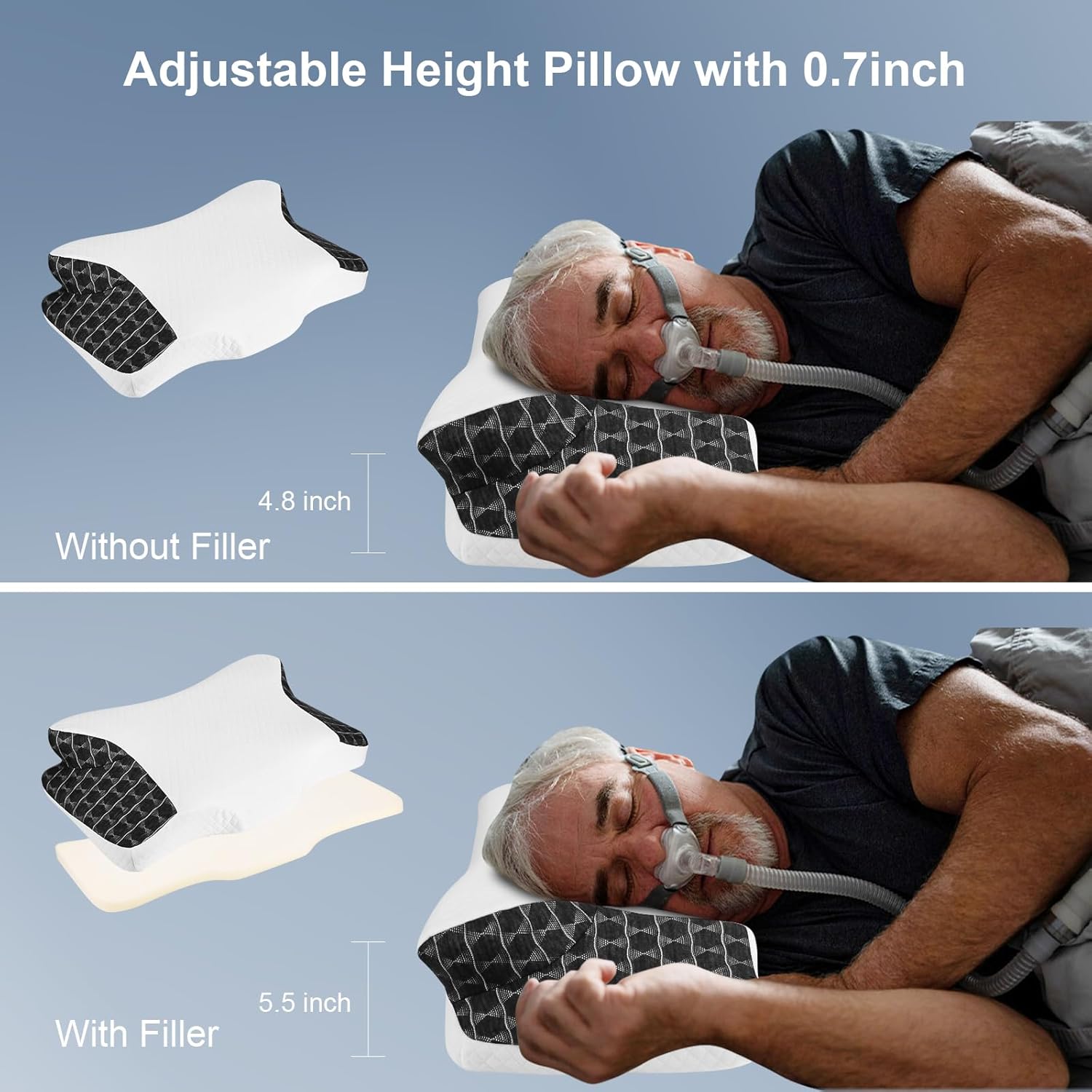 Cervical Neck CPAP Pillow for Side, Stomach, Back Sleepers to Neck Pain Relief - Ergonomic Adjustable Height Memory Foam Pillow for Neck Support - Include CPAP Hose Holder-Keep The Hose Off The Floor