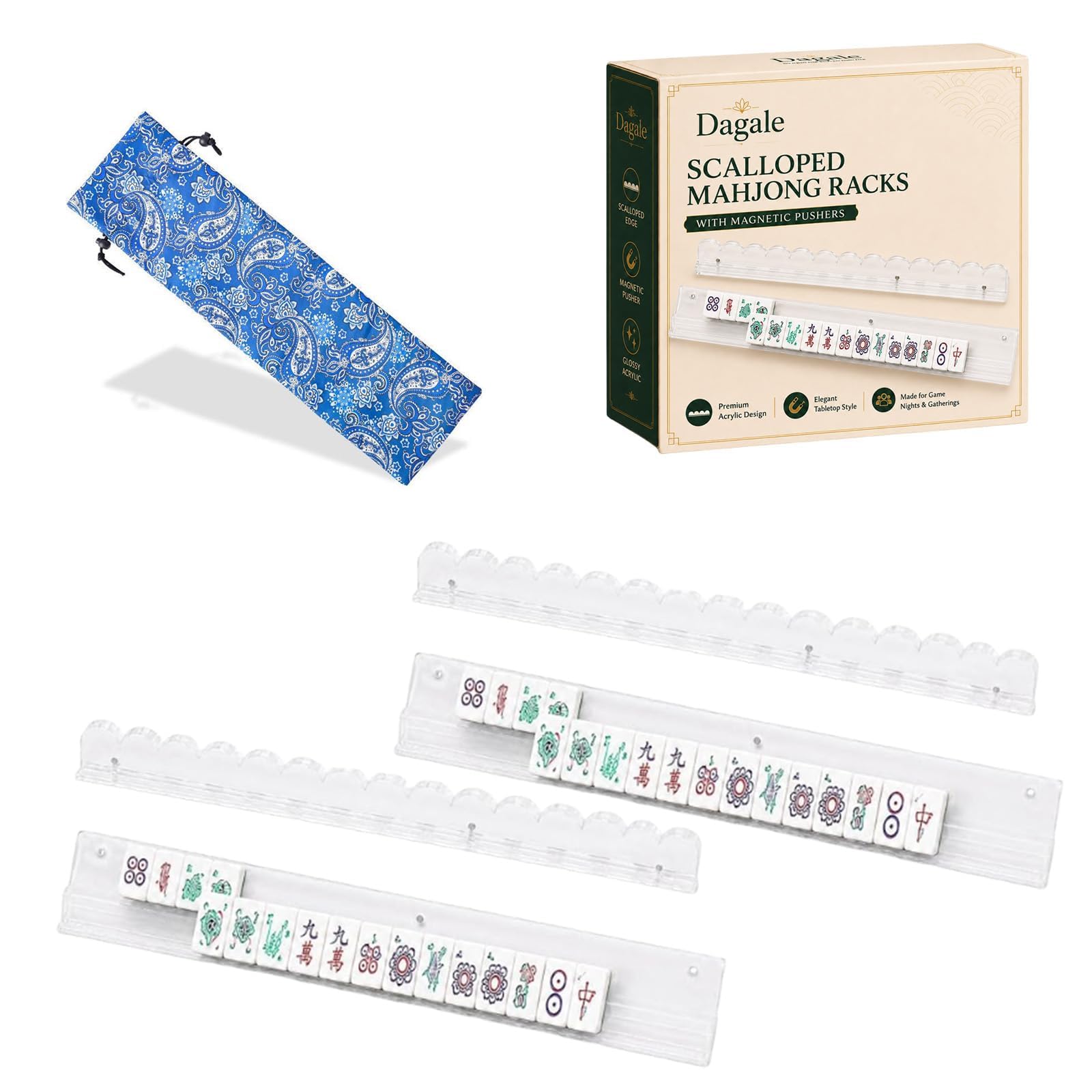 Scalloped Mahjong Racks with Magnetic Pushers, Acrylic, Tortoise and Shell Style, Set of 4, Two Size Options 44.5 cm/50.8 cm, for American Mahjong (2 Pcs Clear, 17.5") โ image 1