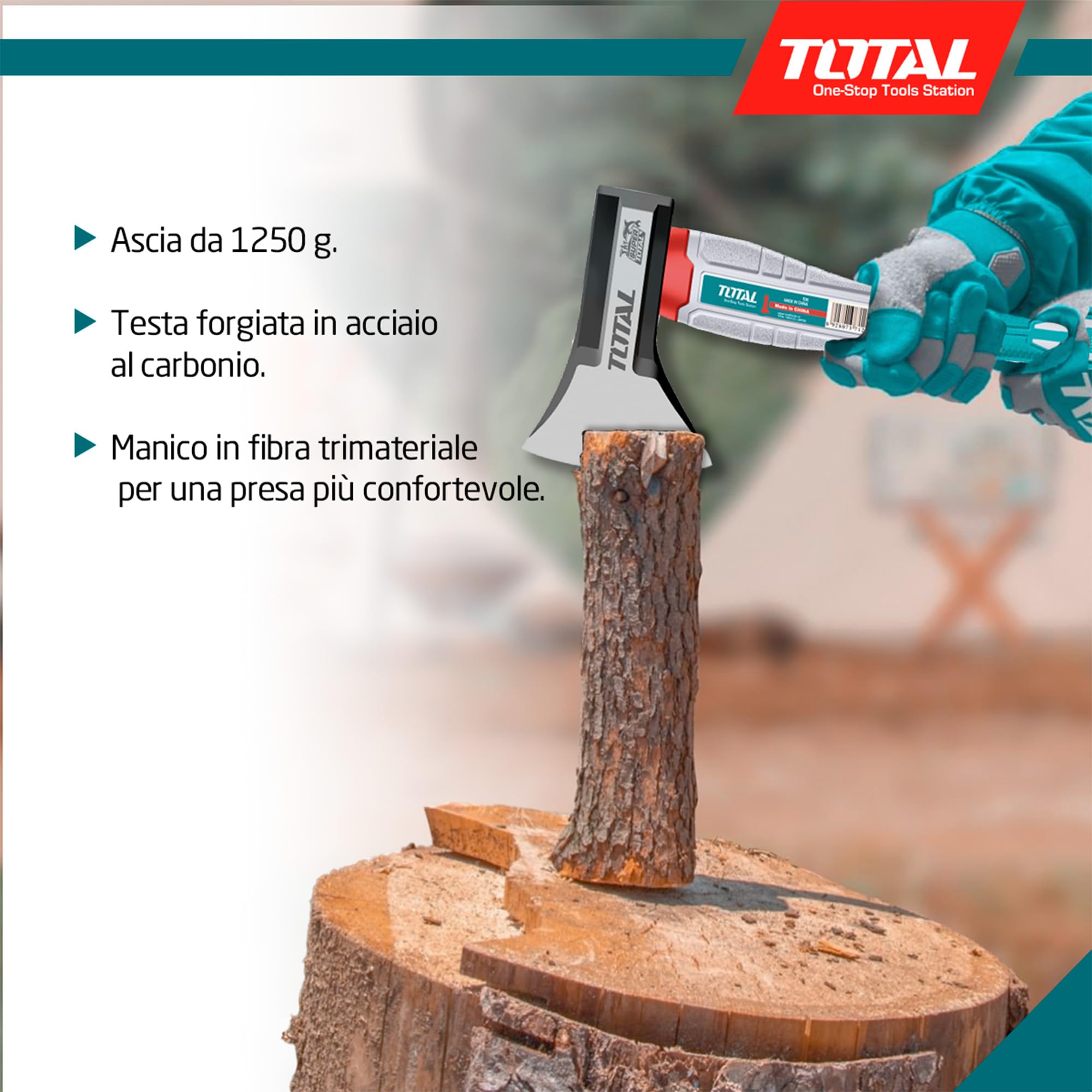 TOTAL - Ascia con manico in fibra | Lama in acciaio al carbonio | Impugnatura comoda e taglio preciso | Per fai-da-te, campeggio e giardinaggio | Peso: 1250 g