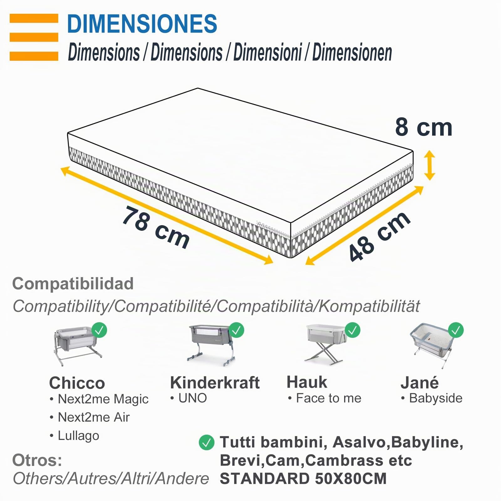 PEKITAS Matelas berceau hybride réversible, 48 x 78 cm, 8 cm d' épaisseur, housse amovible lavable, dureté ferme, respirant et anti-étouffement
