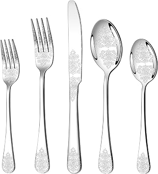 20 Pcs Silverware Set for 4, Food Grade Stainless Steel Flatware Set, Eating Utensils Sets Include Fork/Knife/Spoon, Reusable Cutlery Set for Home Kitchen, Dishwasher Safe, Embossed pattern-2
