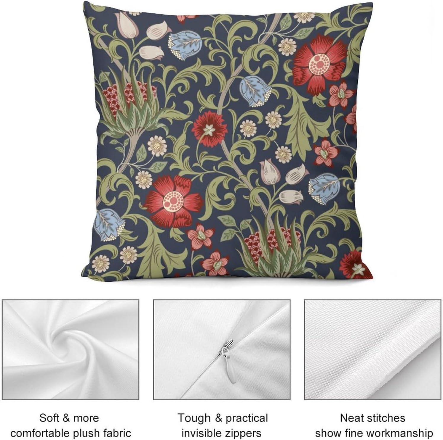 William Morris Flower Pillow Covers Set of 2,Red Flowers Green Leaves Throw Pillow Covers 20x20 Inches Cotton Square Pillow Cover Set for Couch Bed Living Room Outdoor Decor 20 "x20
