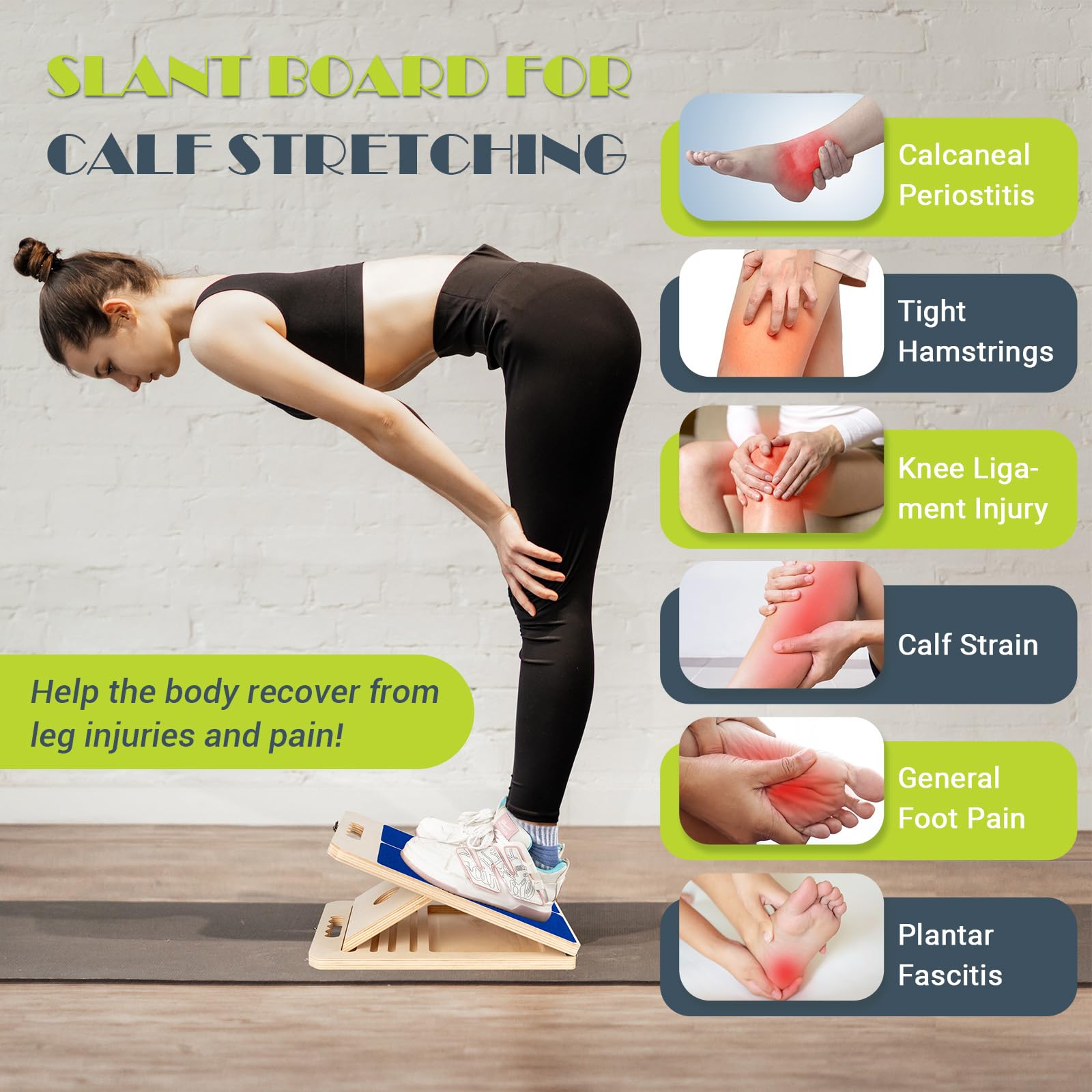Tabla inclinada para estirar pantorrillas, tabla de equilibrio de madera portátil ajustable para estirador de pantorrillas con póster de entrenamiento, capacidad de peso de 300 libras, cuña elástica