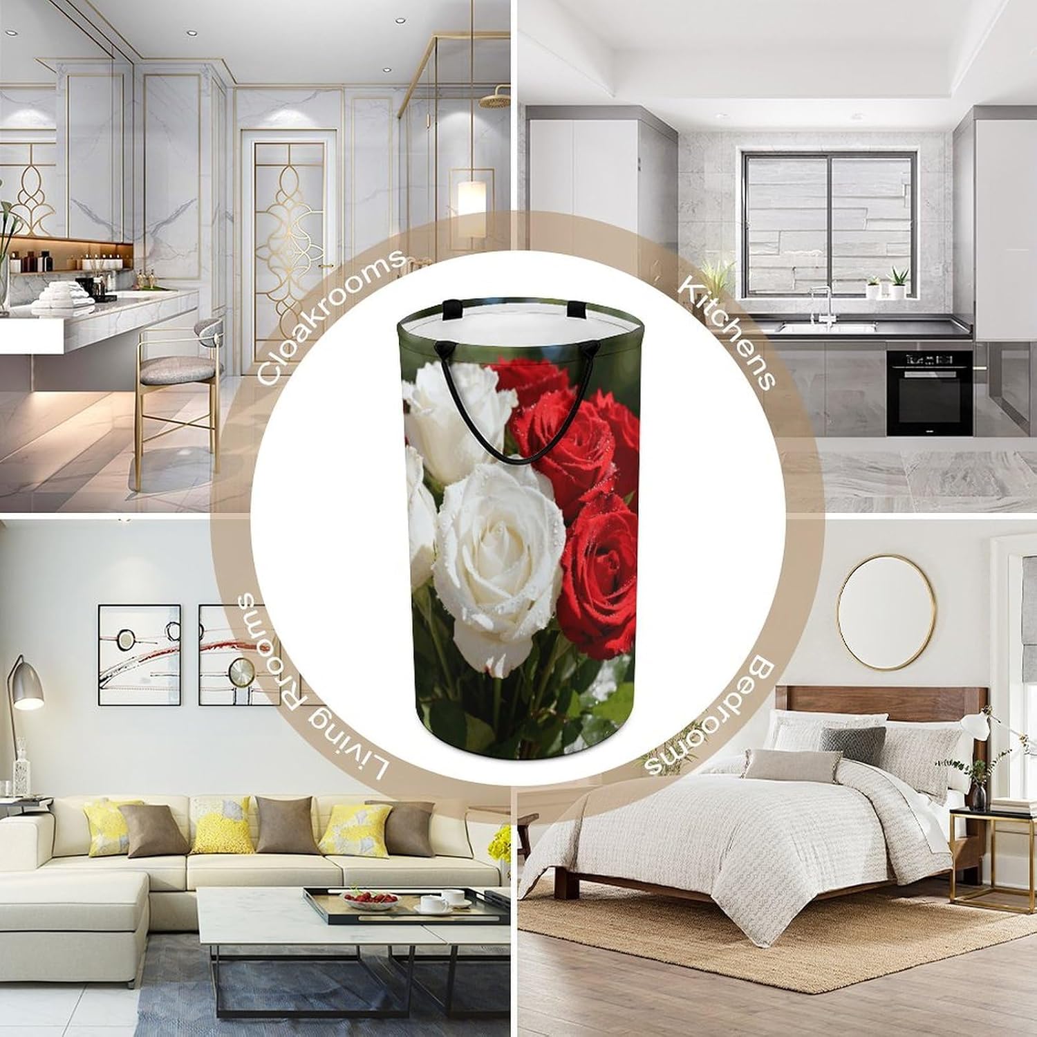 Floral White Rose Red Laundry Hamper with Handles Waterproof Collapsible Laundry Basket Large Lightweight Round Dirty Clothes Hamper for Home Dorm Bathroom Decor