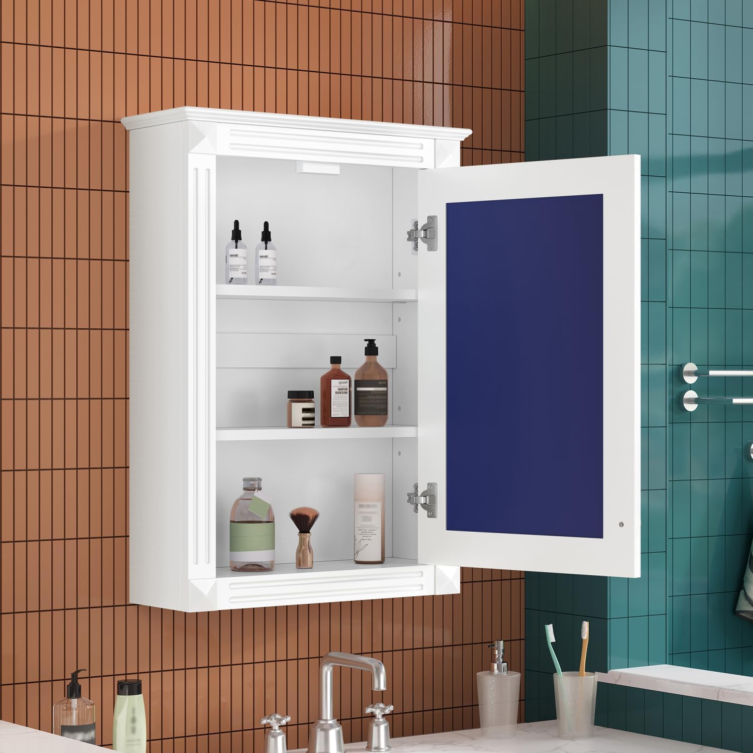 20" Wall Mounted Bathroom Storage Cabinet with Mirror White 2-in-1 Mirror & Cabinet Over Toilet Space Saver Modern Durable