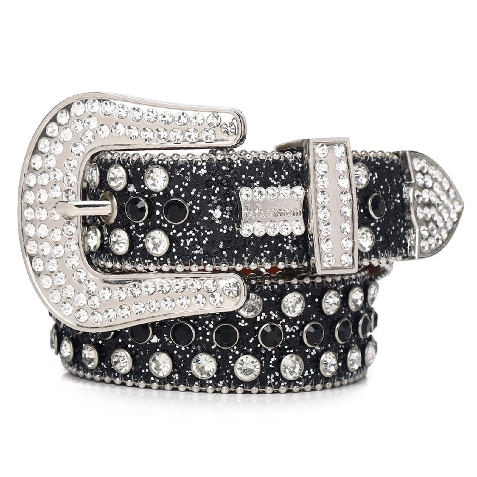 Cinturón De Cuero Con Remaches Y Diamantes Imitación, Vaquero Estilo Rock Western, Ajustable Hebilla A Presión Brillante
