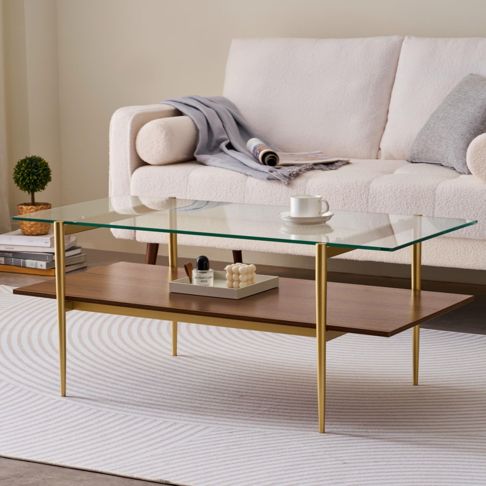 Mesa auxiliar rectangular, diseño moderno de mediados de siglo, 21 pulgadas de largo x 17 pulgadas de alto, para sala de estar, estructura de 2 niveles, parte superior de vidrio transparente y 2