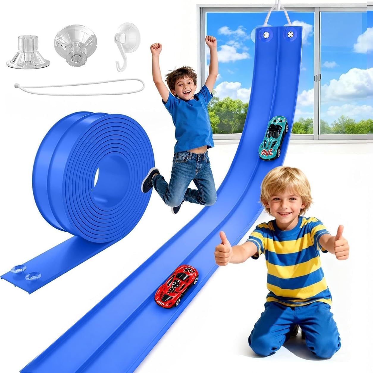 TAEMVV Flexible Race Track Gift for Kids, 15 Ft Car Track Set, Blue Pro | Compatible with Hot Wheels 1/64 Diecast Cars, Reinforced Suction Cup for Boys Girls 3+