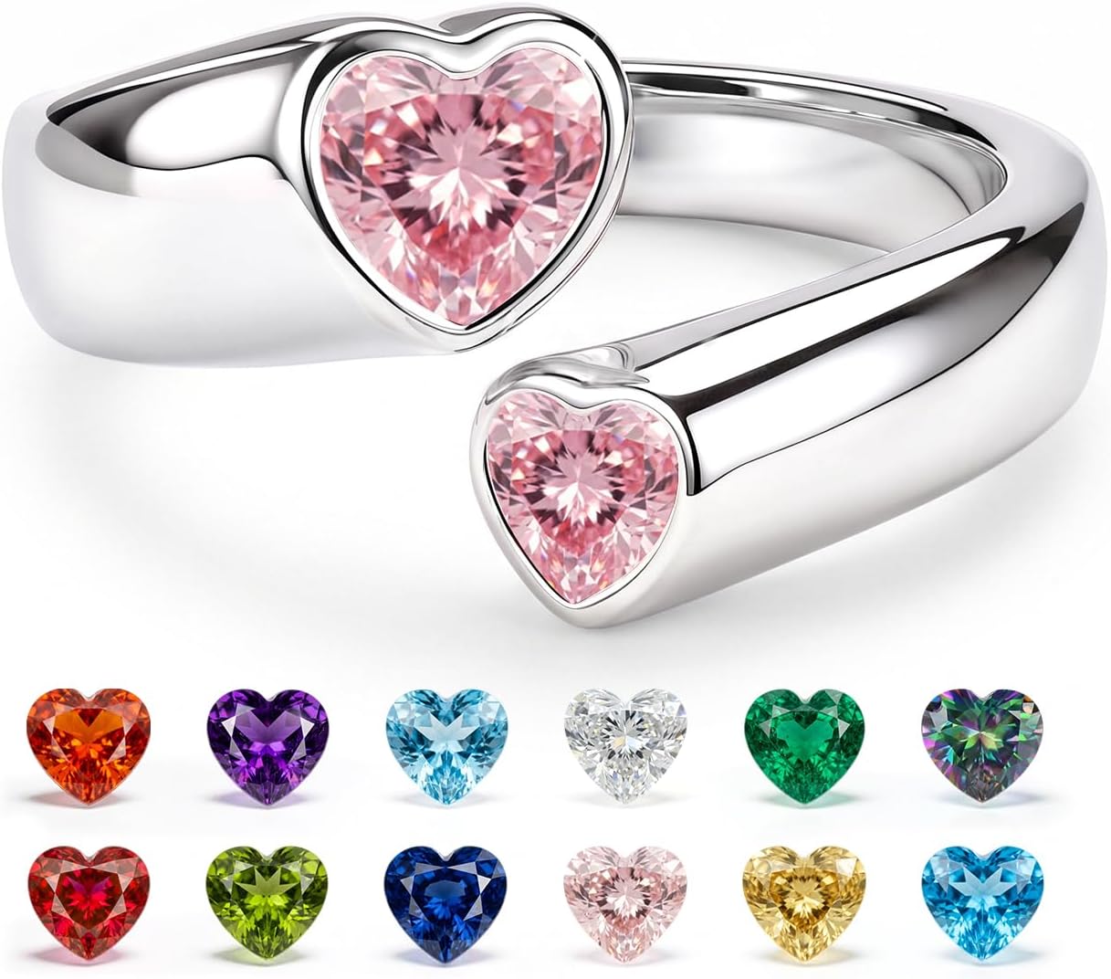 AVECON Double Heart Birthstone Rings for Women, Adjustable Open Bezel