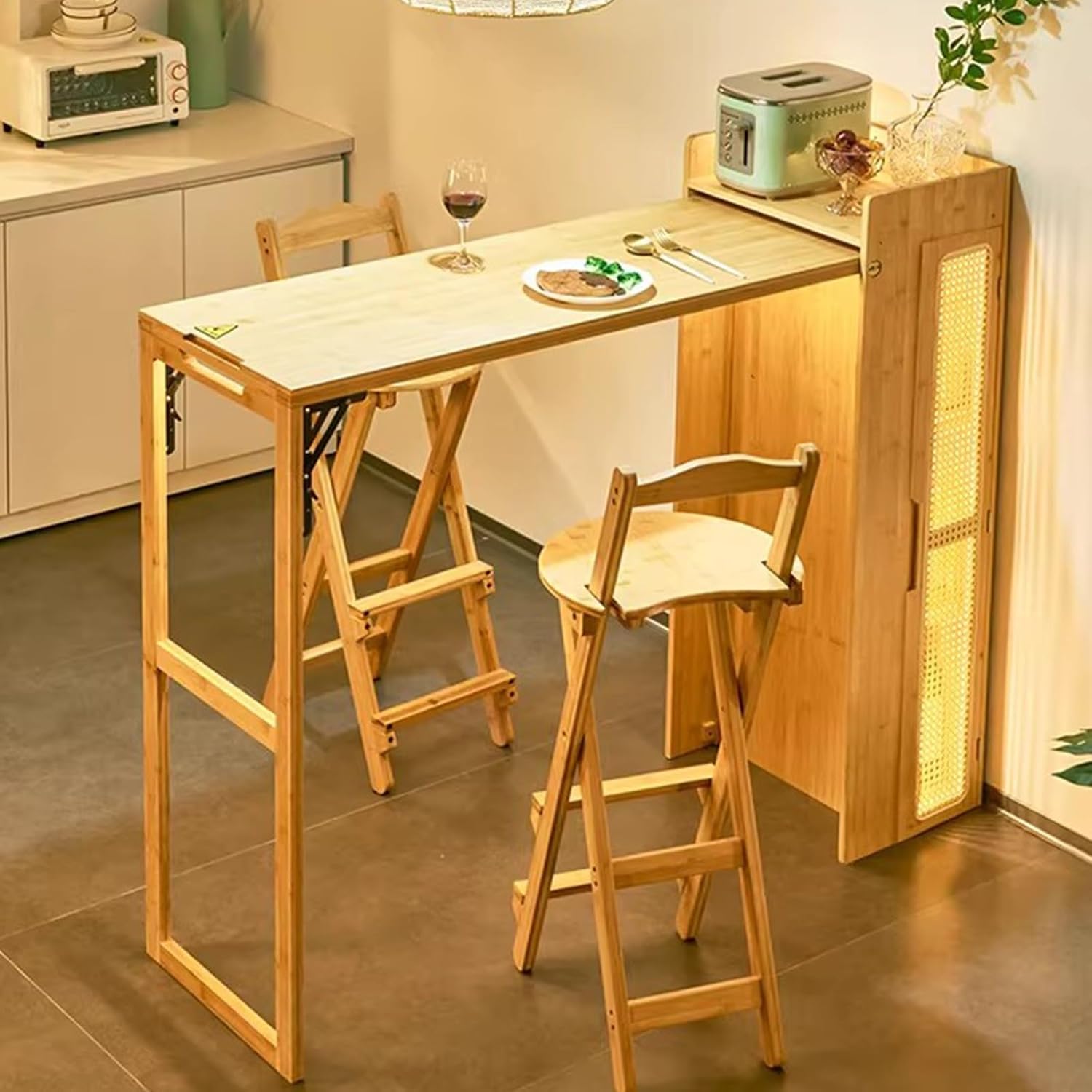 Storage Trolley Foldable Kitchen Island Bar Table with Rattan Panel Storage Cabinet Shelving Organizer(Yellow)