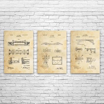 Bridge Patent Posters Set of 3 18x24, Structural Engineer, Architect Gift, Bridge Blueprint, Office Wall Art, Engineering Gift Vintage Paper