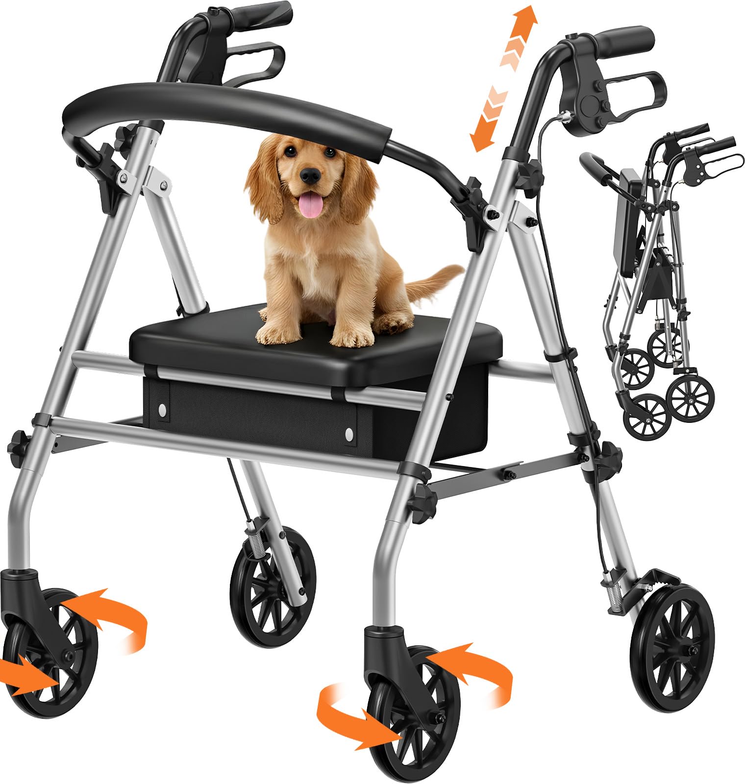 Luckfaith Rollator Walker with Seat for Seniors, 348 lbs Folding Mobility Walker with Brakes, Padded Seat, Backrest, 3-Second Fold & 7L Storage Bag, Grey