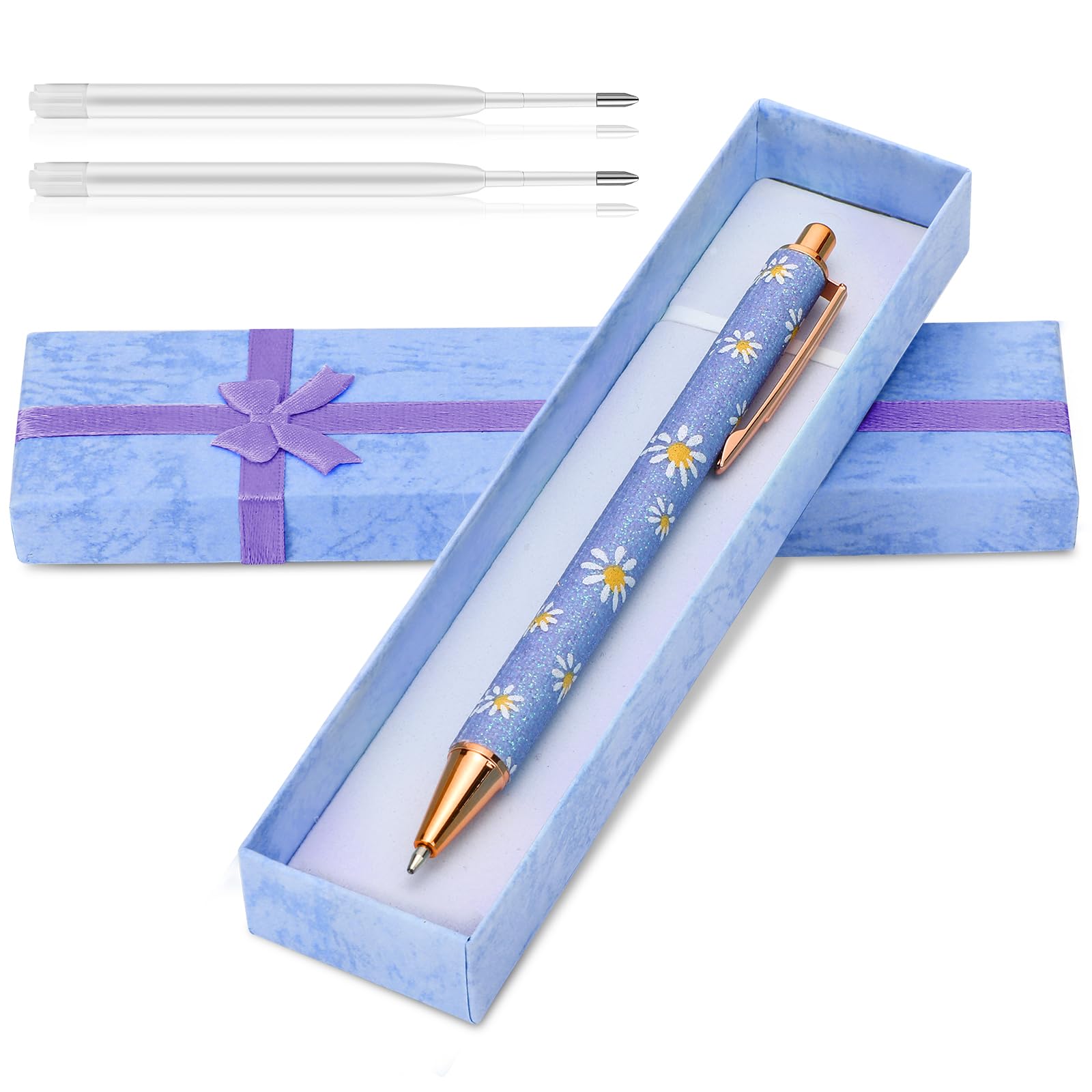 Greoer Blue Sparkly Floral Pen Set,Shiny Daisy Ballpoint Pen+2 Ballpoint Pen Refills+Gift Box Black Ink Retractable Pallpoint Pen Festival Gifts for Writing Girls Women Students Valentine Graduation