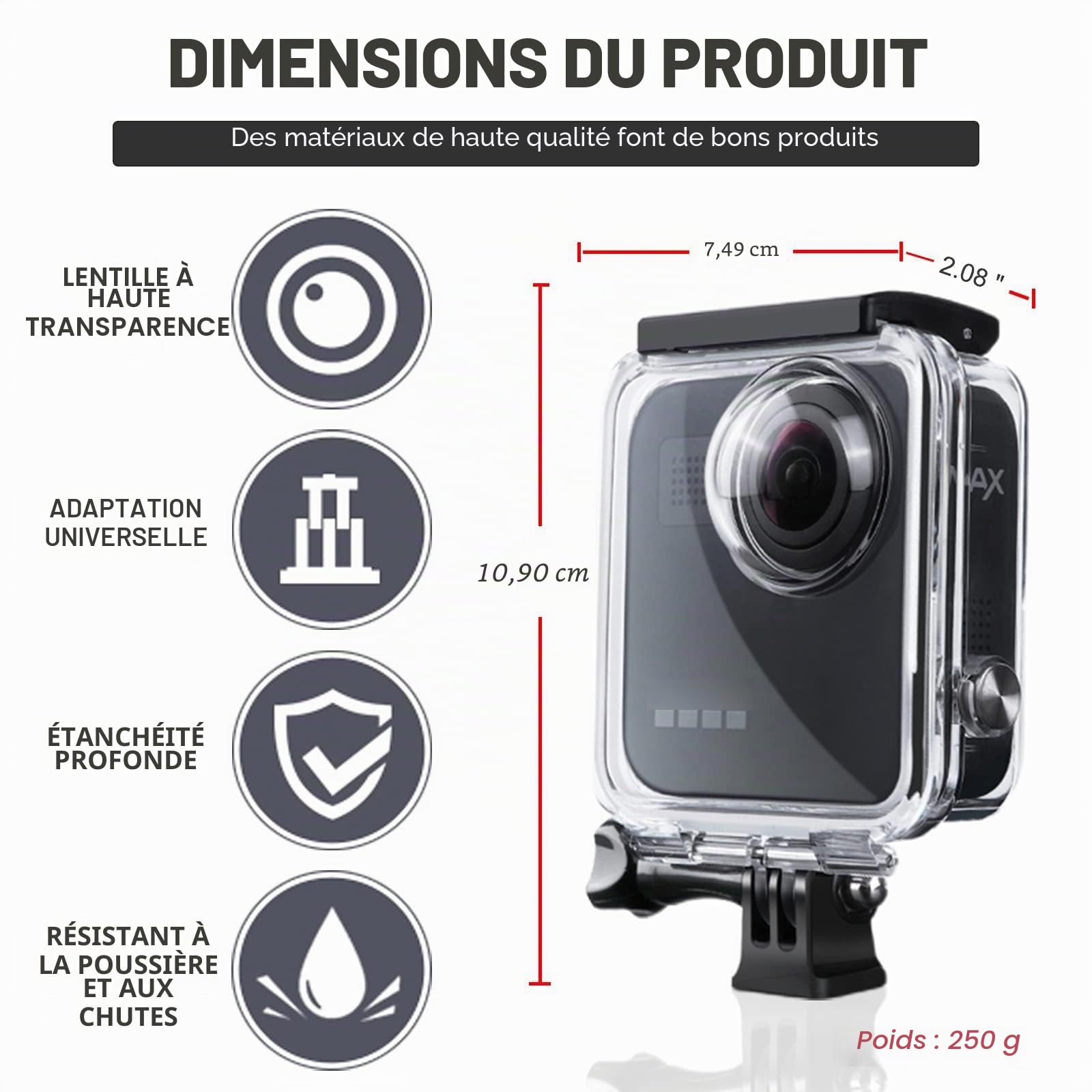 Boîtier étanche pour caméra d'action Gopro Max 40 m, avec support de montage