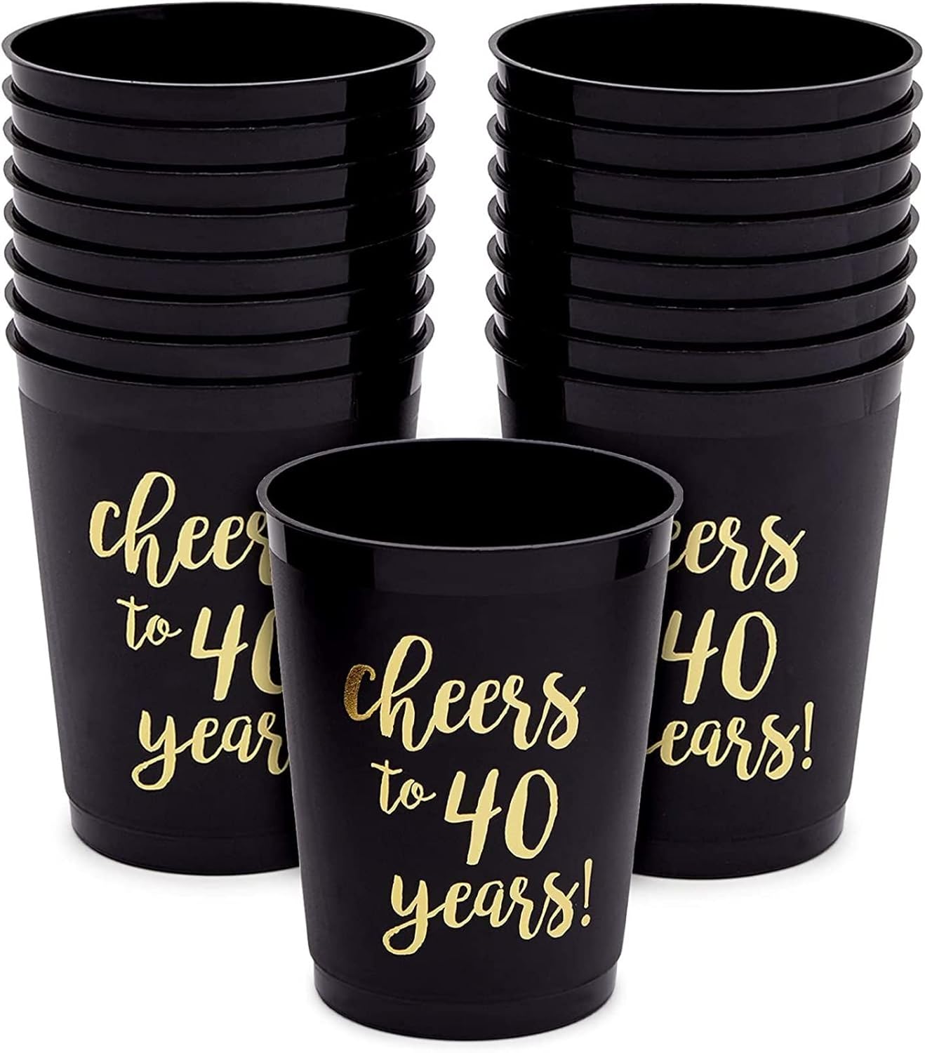 16 Pack Cheers to 40 Years Plastic Party Cups - 40th Birthday Decorations for Men and Women, Anniversaries (Black, 16 oz)