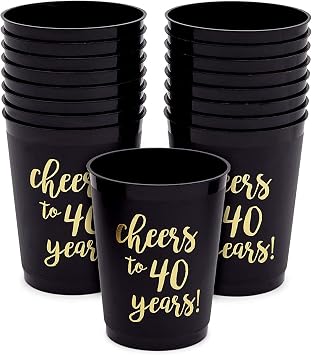 Sparkle and Bash 16 Pack Cheers to 40 Years Plastic Party Cups - 40th Birthday Decorations for Men and Women, Anniversaries Black Plastic Cups, 16 Oz