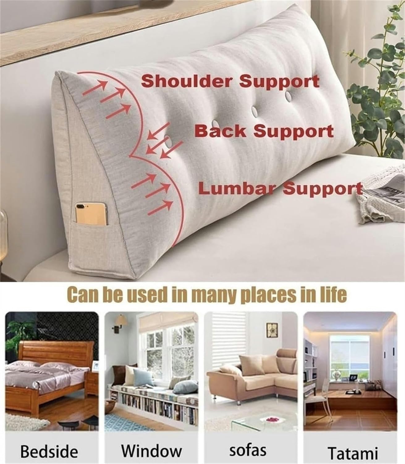 Headboard Pillow, Triangular Reading Pillow 80/100/120/150/180/200cm Large Cushion, Headboard Wedge Pillow with Machine Washable Cover-