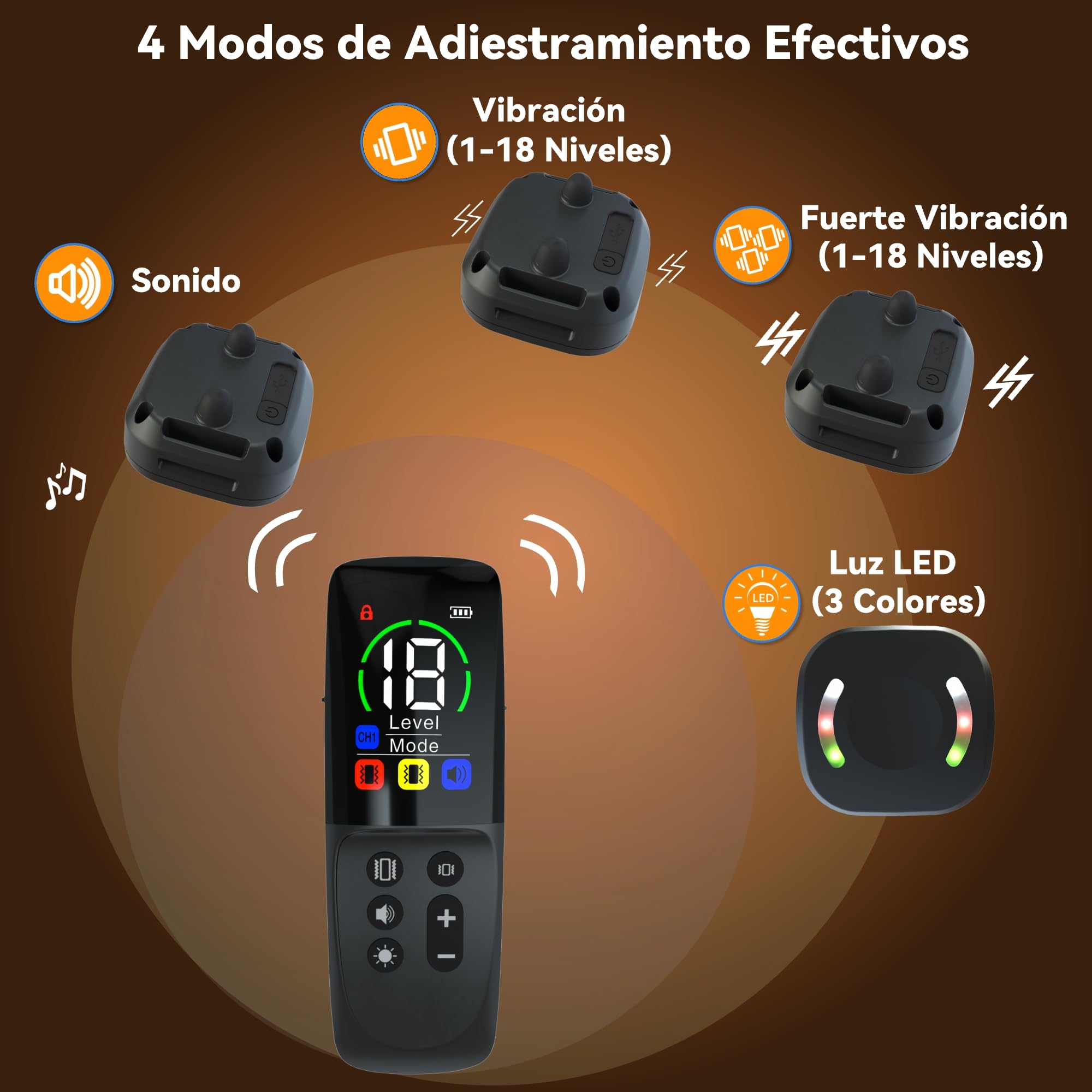 Meloive Collar de Adiestramiento para Perros,Collar Recargable con Rango de Control Manual 3000 Metros,4 Modos de Adiestramiento Efectivos Luz LED/Sonido/Vibración/Fuerte Vibración