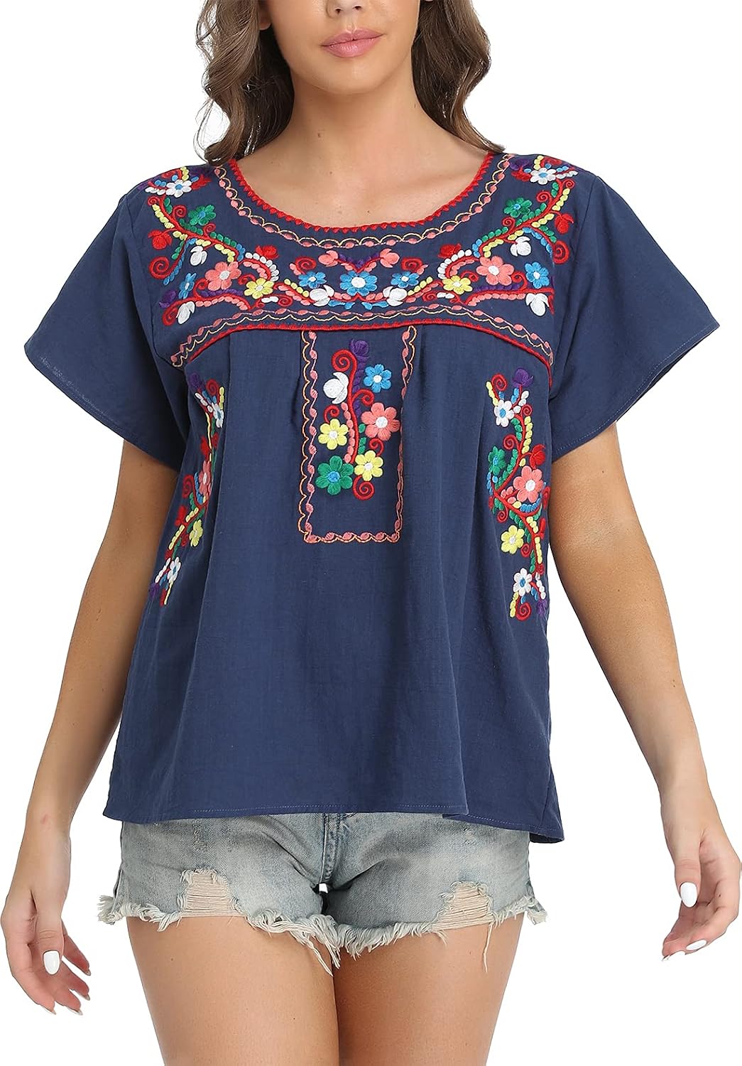 YZXDORWJ Women's Embroidered Mexican Peasant Blouse Mexico Summer Shirt Short Sleeve